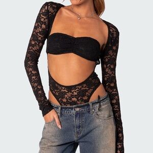 Edikted Black Lace Long Sleeve Bodysuit - Small